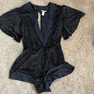 Victoria Secret Black Velvet Rhinestone Romper Size Large NWOT